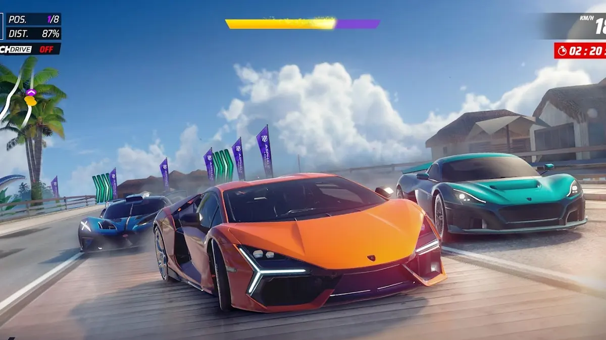 Skupina vozů v městské trati ve hře Asphalt 9: Legends